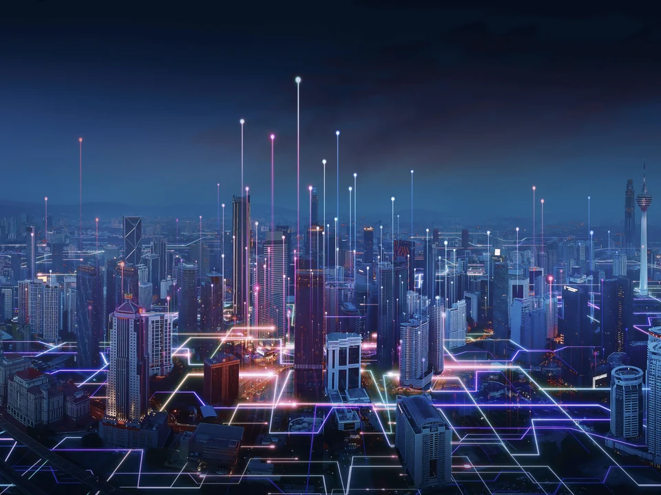 City buildings connected by digital data networks