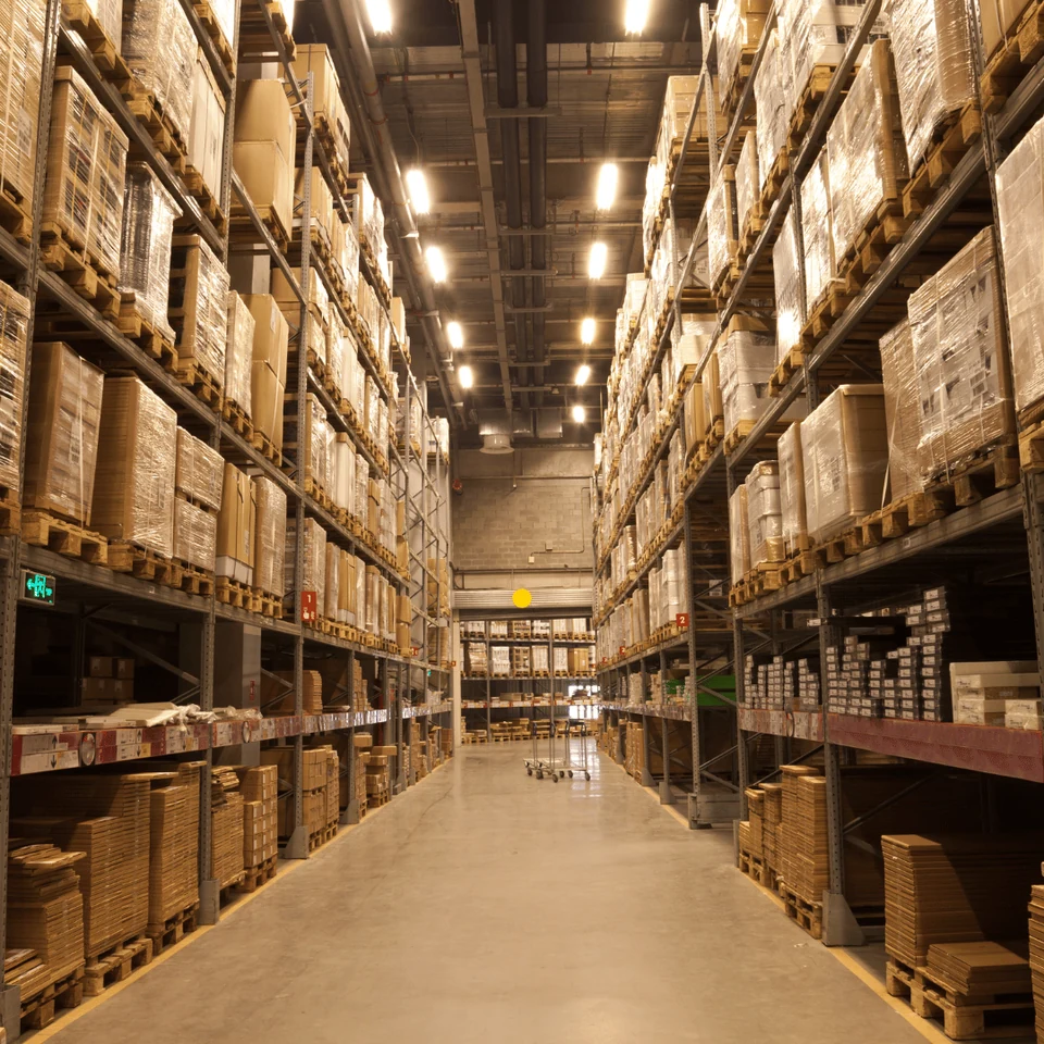 Tall warehouse aisles filled with stored goods